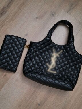 Black Quilted Tote Bag with Matching Pouch